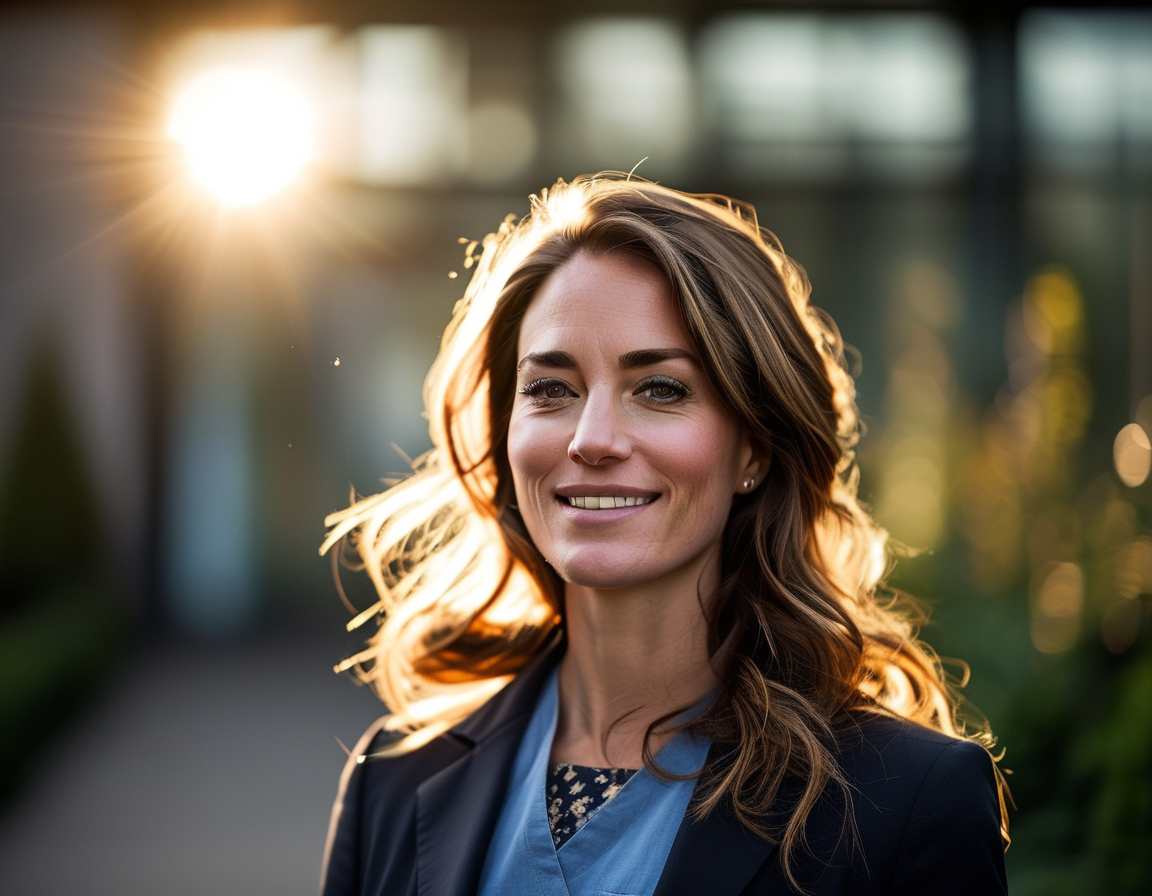 A warm portrait of Kate Middleton smiling confidently outside the Royal Marsden Hospital, reflecting her journey of hope and healing after cancer treatment. Sunlight shines on her, symbolizing recovery and wellness.