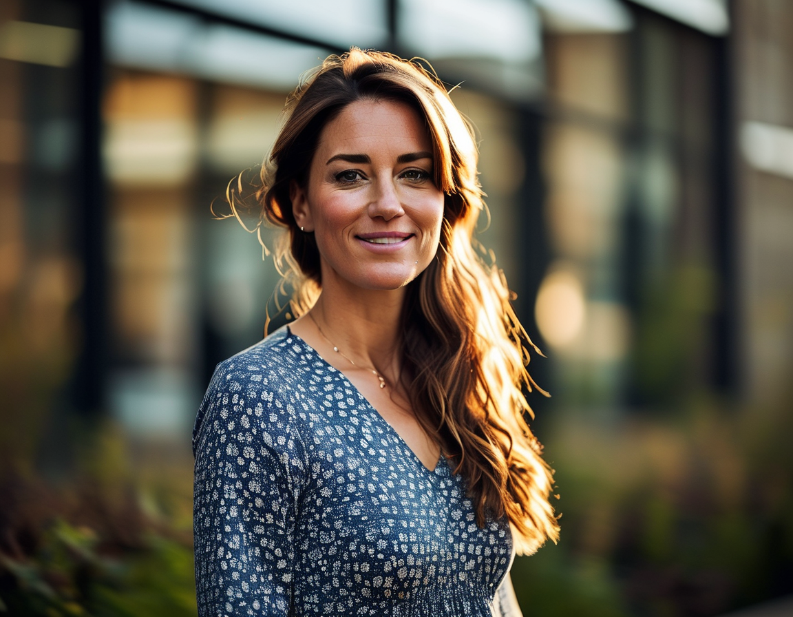 A scene depicting Kate Middleton interacting with cancer patients at the Royal Marsden Hospital, emphasizing her commitment to advocacy and support within the community for cancer awareness.