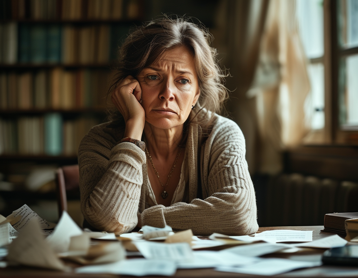 A distraught middle-aged woman sitting alone at a desk, surrounded by scattered papers and her phone displaying heartwarming messages, representing the emotional turmoil faced in a romance scam.