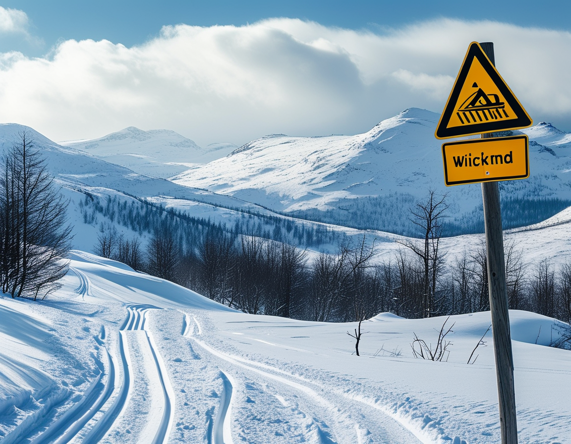 A snowy landscape featuring a winding sledding hill with a warning sign about the dangers of thin ice, symbolizing the hidden risks of winter activities.