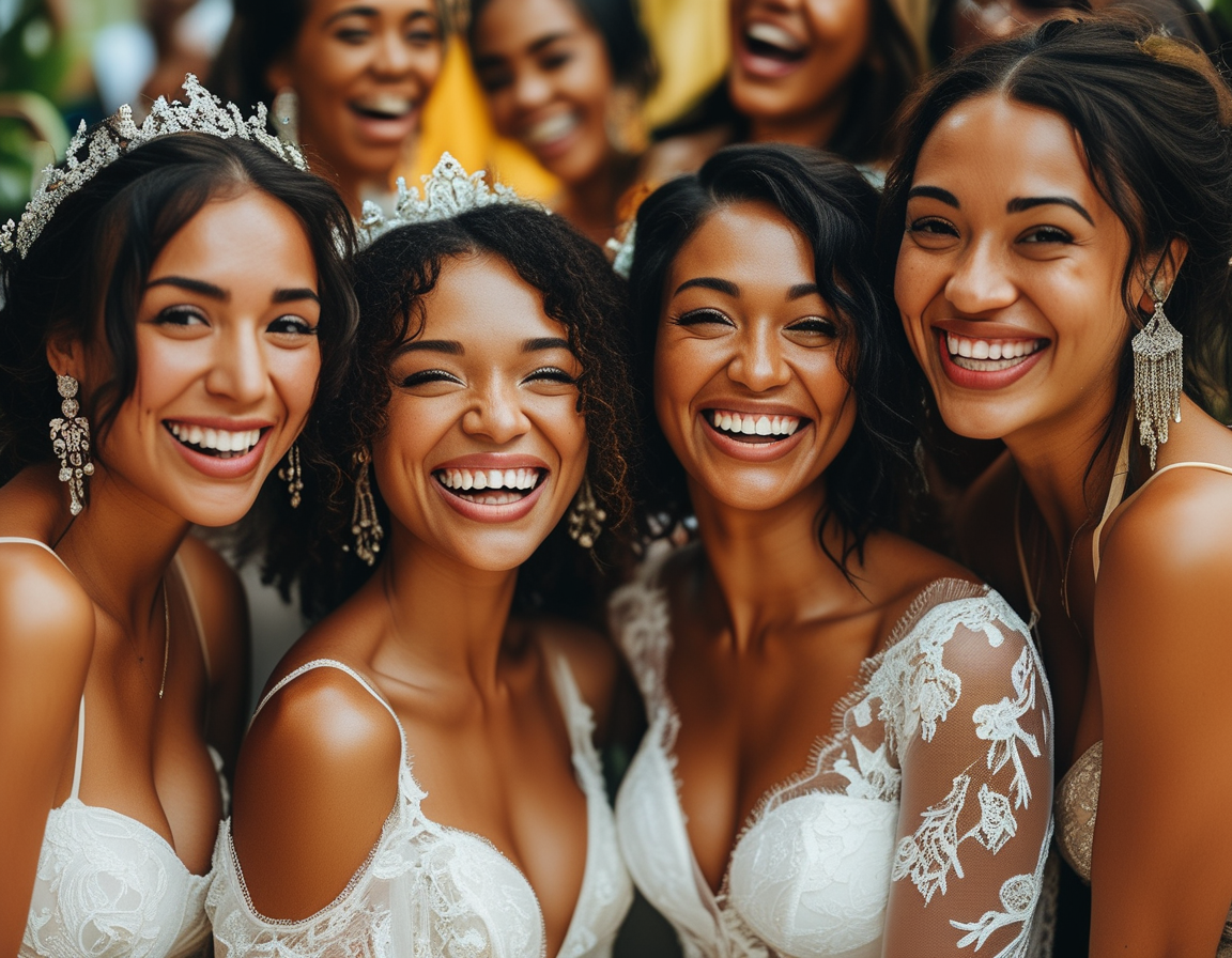 A diverse group of women joyfully trying on wedding dresses at a pop-up event, surrounded by supportive friends and volunteers, symbolizing resilience amidst disaster.