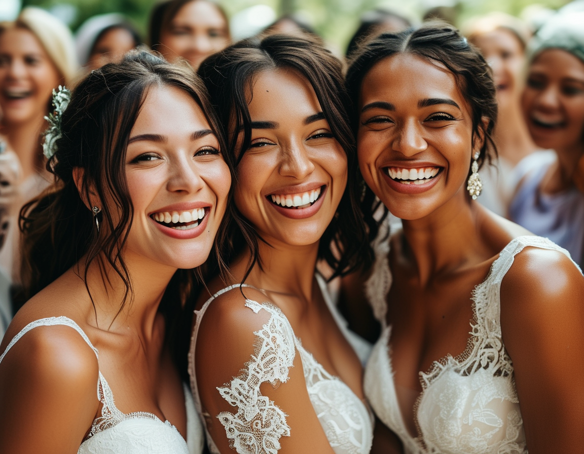 Kelly Mosser smiling as she interacts with brides, showcasing a variety of wedding dresses in a warm, inviting atmosphere filled with hope and community spirit.