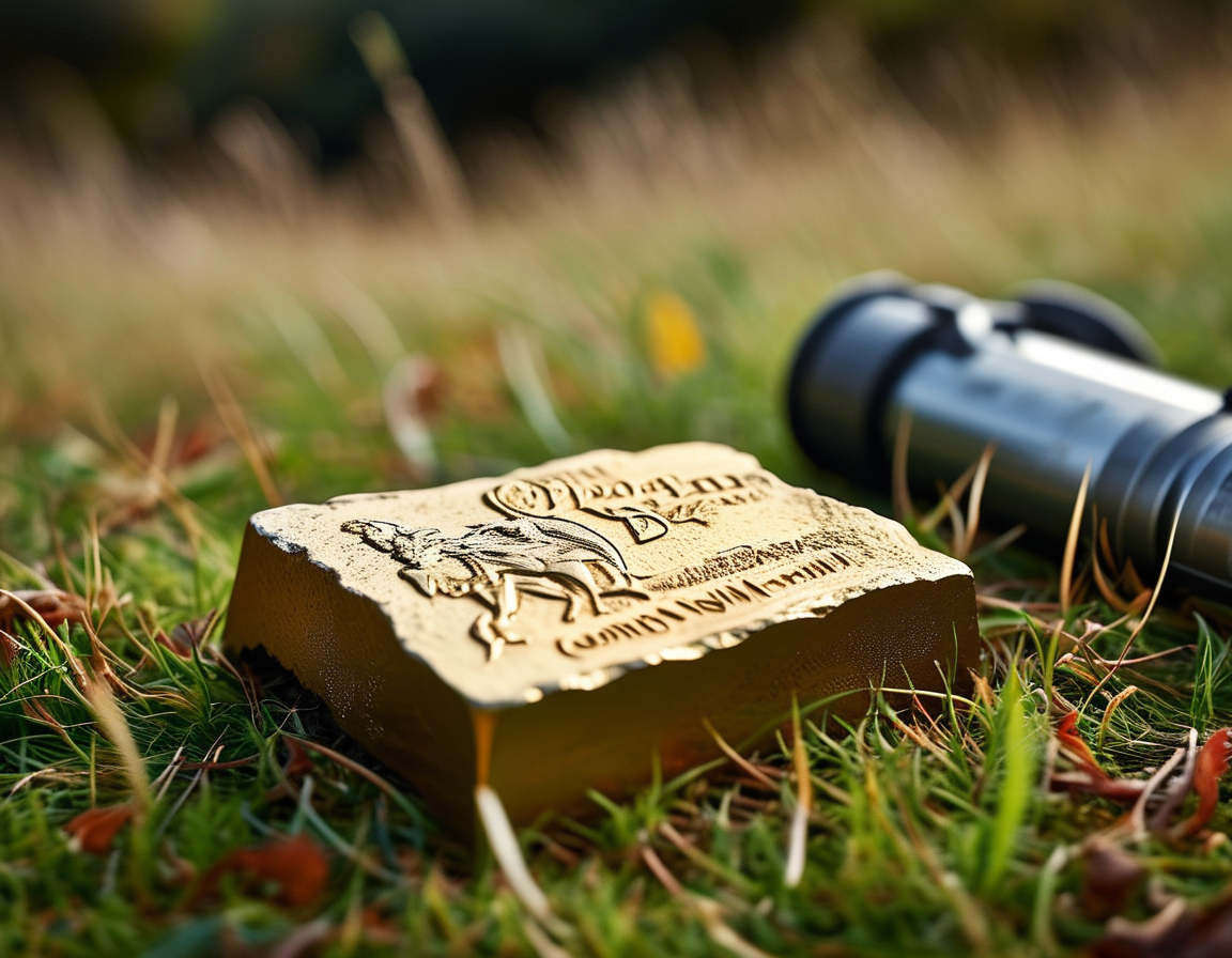 A close-up image of Jonathan Needham holding the gold nugget that resembles the shape of Britain, with a metal detector in the background on grassy terrain.