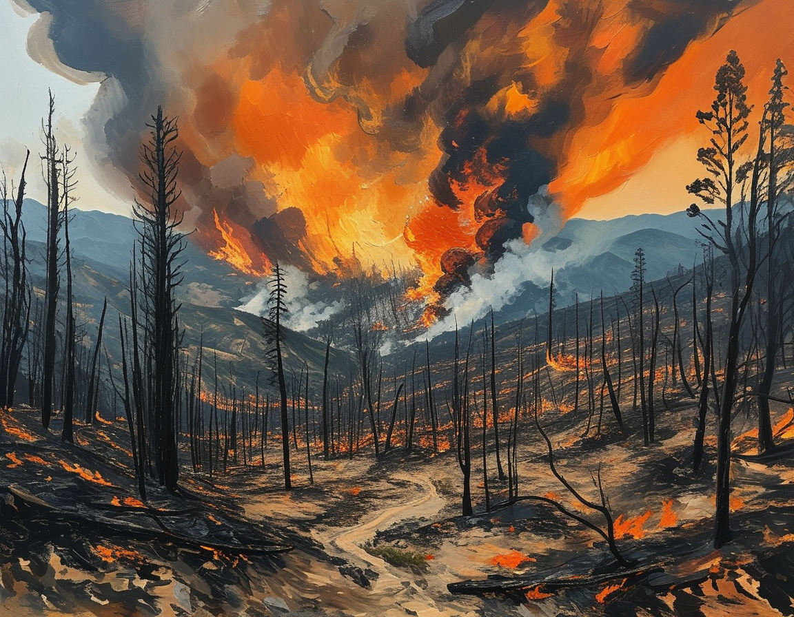 A dramatic landscape showing the smoky aftermath of wildfires in Los Angeles, with burnt trees and an orange-hued sky, symbolizing the devastation and loss in the area.