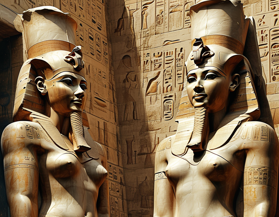 A majestic depiction of an ancient Egyptian temple, showcasing the grandeur associated with female pharaohs like Hatshepsut, with hieroglyphs and statues highlighting their legacies.