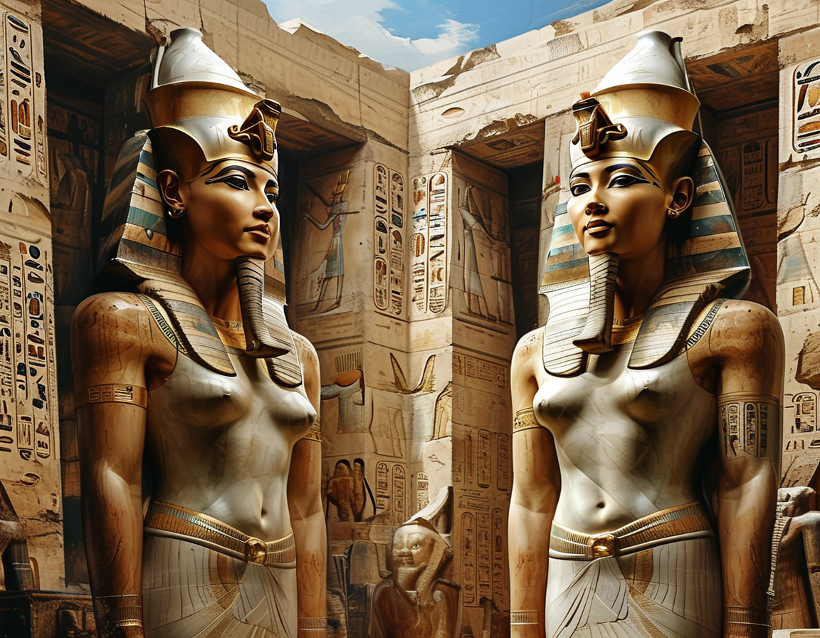 An artistic representation of Cleopatra VII, adorned in royal attire, symbolizing her power and intrigue, with images of Julius Caesar and Mark Antony in the background.