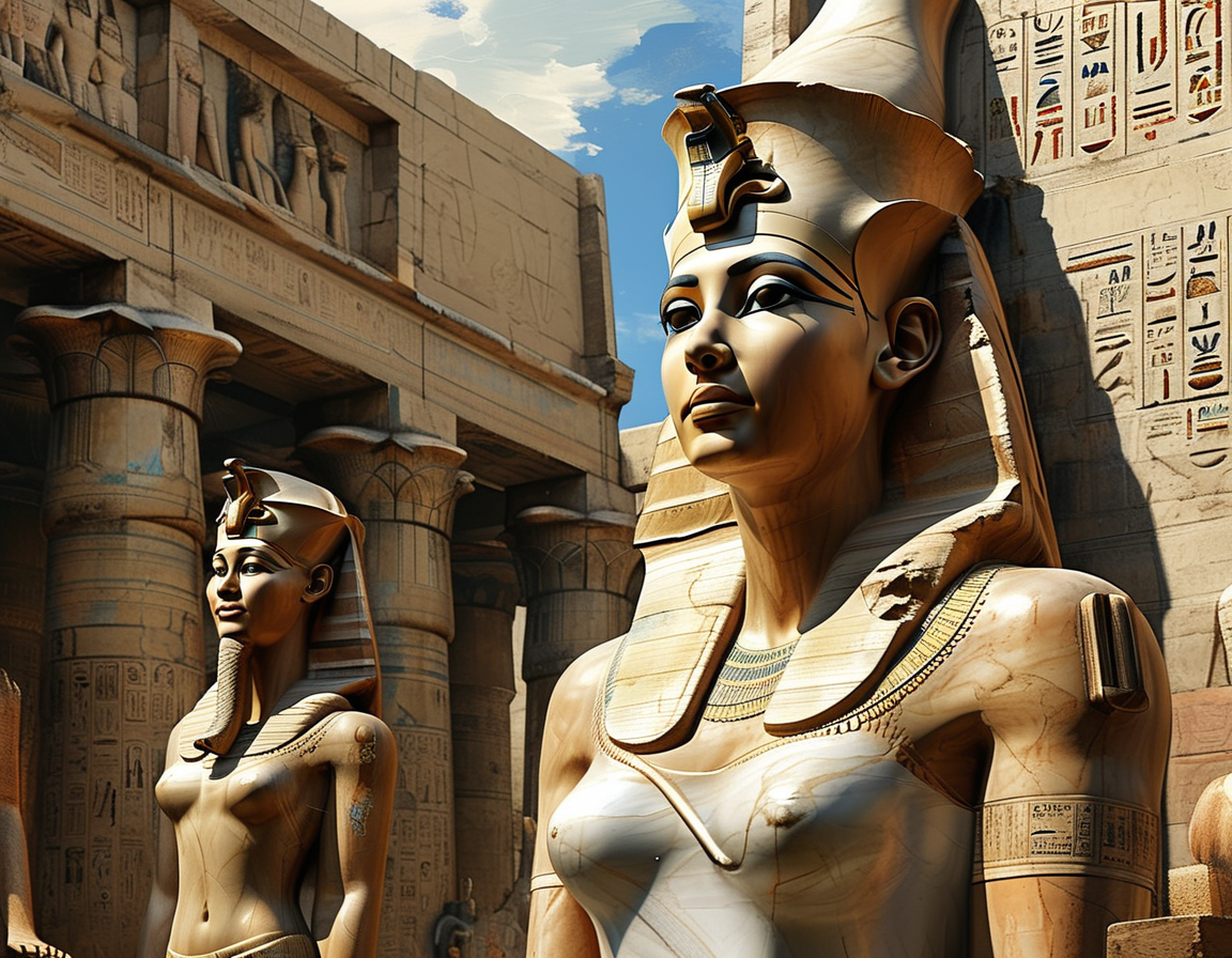 A serene portrait of Nefertiti, known for her beauty, surrounded by symbols of ancient Egyptian culture, representing her enigmatic presence in history.