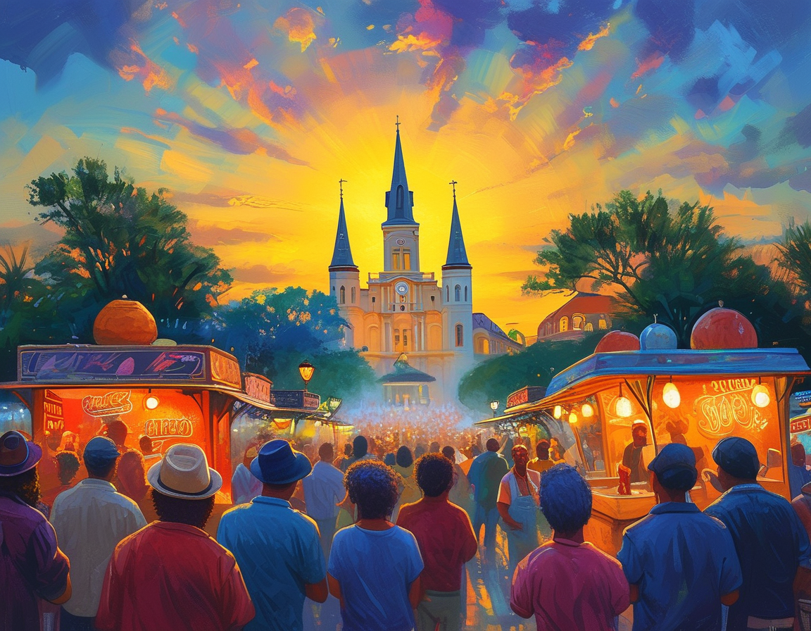 A vibrant scene from Jazz Fest showcasing a diverse audience enjoying live music under the beautiful New Orleans sun, surrounded by food stalls and art vendors.