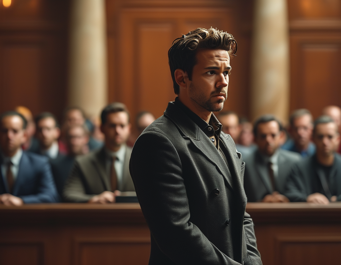 A tense courtroom scene with Justin Baldoni looking contemplative next to his legal team, while images of Disney and Ryan Reynolds loom in the background, highlighting the conflict.