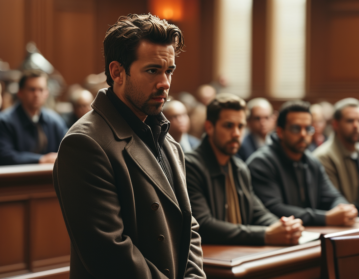 An illustration of Hollywood's glamorous landscape juxtaposed with shadows of courtroom figures, encapsulating the challenging intersection of fame and legal battles surrounding Baldoni and Reynolds.