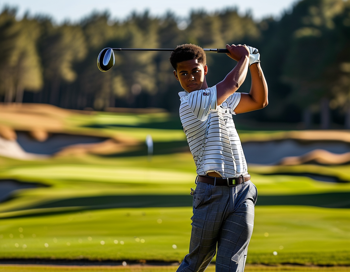 Blades Brown standing confidently on the green, holding his Odyssey Ai-One Double Wide putter, evoking a sense of inspiration drawn from Tiger Woods' legendary career.