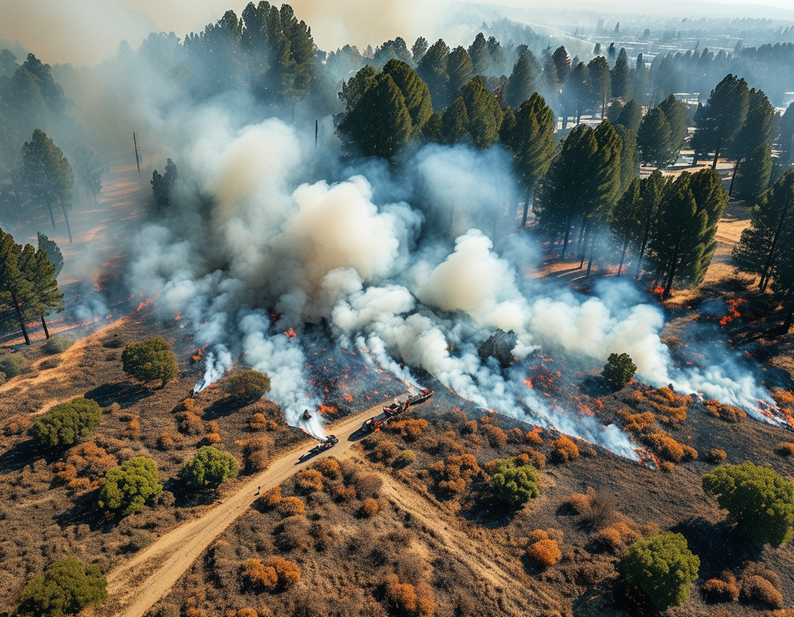 Aerial view of firefighters combating a large vegetation fire in San Bernardino, with plumes of smoke rising from the dry landscape as crews work diligently to contain the blaze.