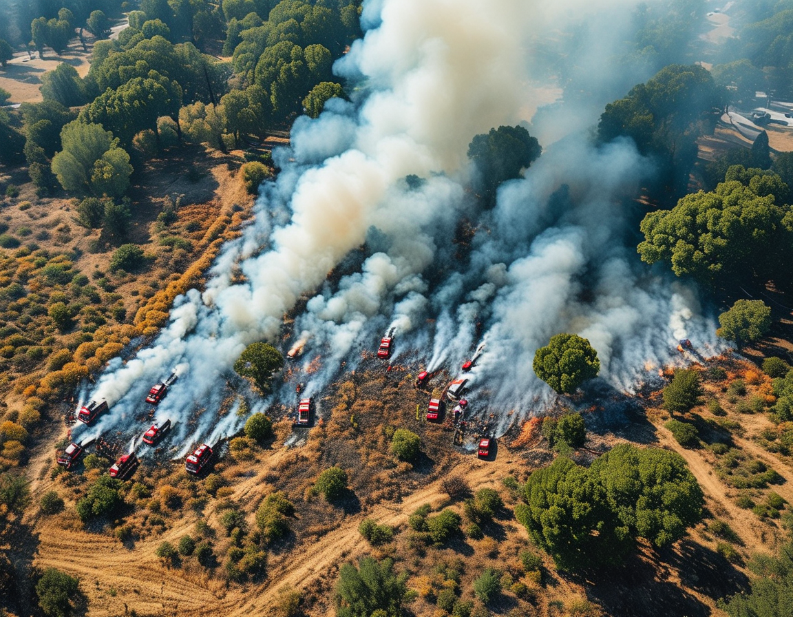 Ground-level image showing fire crews using hoses to extinguish hotspots during the San Bernardino vegetation fire, illustrating their efforts to protect nearby communities.