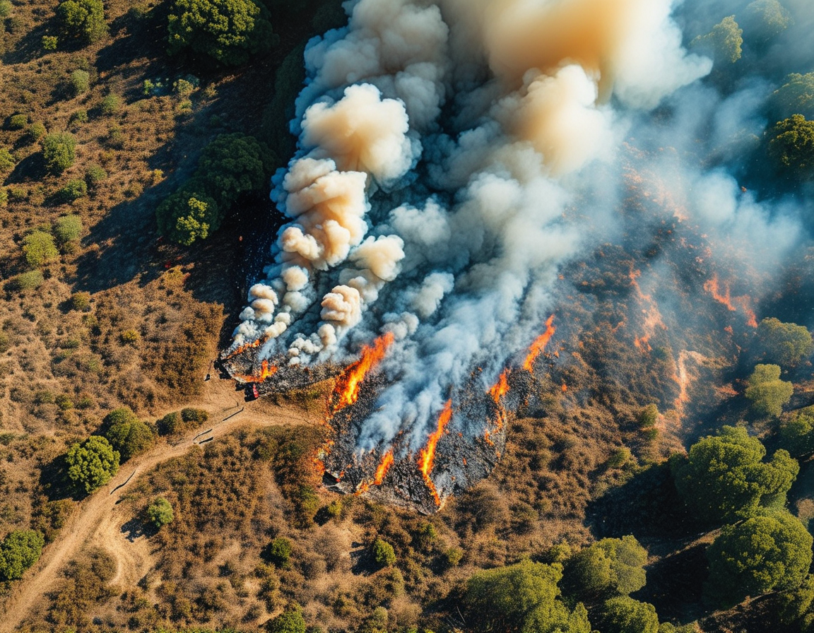 Photo depicting scorched earth surrounded by green vegetation, emphasizing the aftermath of the San Bernardino fire, and the urgent need for awareness of wildfire risks.