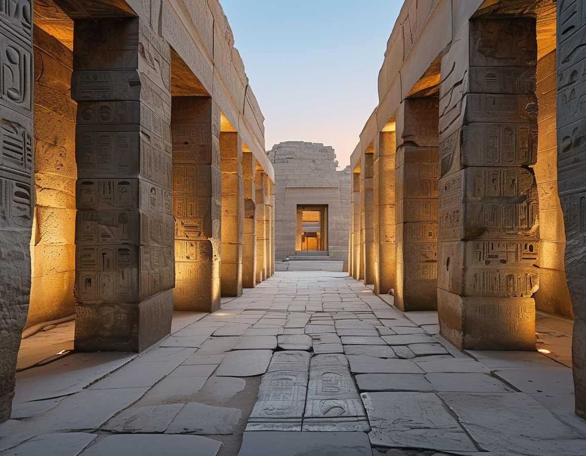 An expansive view of the Serapeum at Saqqara, featuring the majestic granite boxes arranged within an ancient stone corridor, illuminated by soft, ambient light.