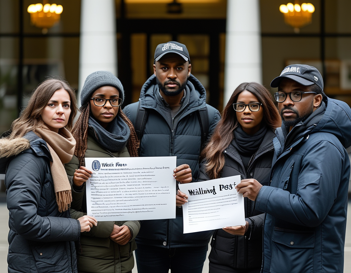 A somber group of journalists holding a collective letter, symbolizing their concerns about the future of the Washington Post. They stand united outside the newspaper's office, showcasing solidarity and urgency in addressing leadership issues.