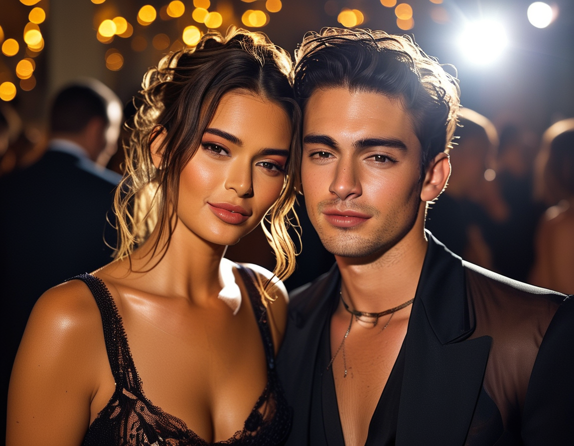 A vibrant scene from the New York Fashion Week where Jenner and Chalamet walk hand-in-hand, radiating chemistry and style, surrounded by the fashion elite.