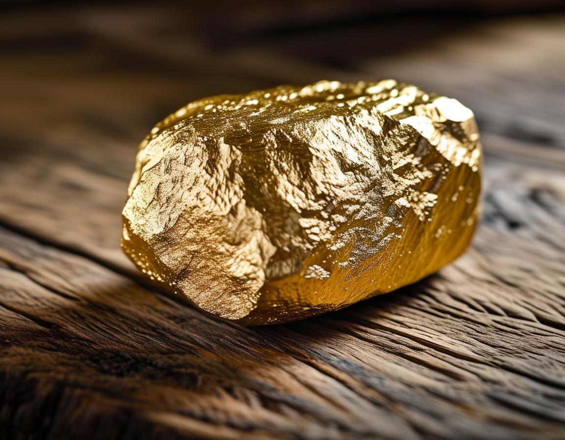 A close-up of Hiro's Nugget, a large gold nugget with a shiny, textured surface, resting on a rustic wooden table, symbolizing wealth and adventure in treasure hunting.