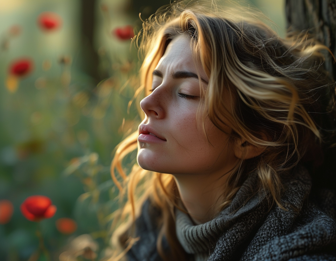 A split-screen image showing Corinna Kopf on one side enjoying her success on OnlyFans, and on the other side, looking contemplative in a serene setting, symbolizing her internal struggle.