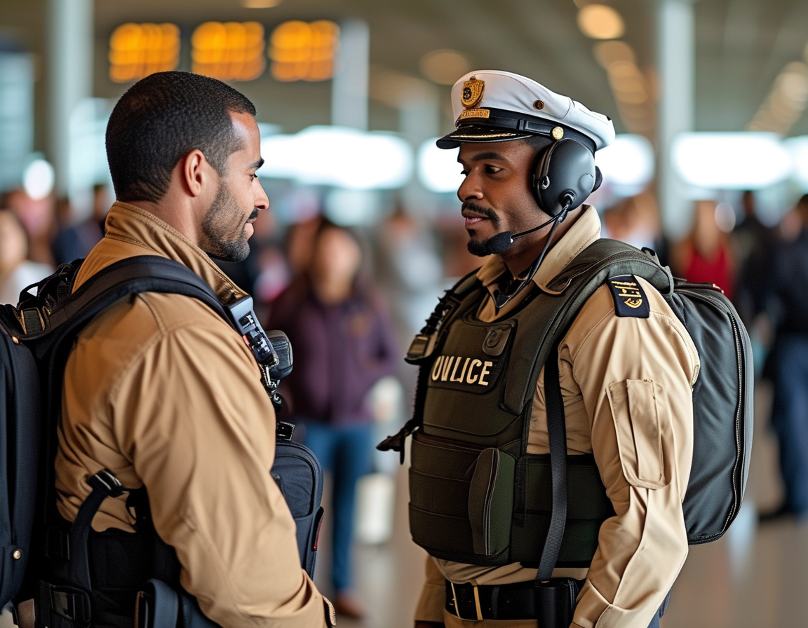 A police officer speaking with a Southwest Airlines pilot at Savannah/Hilton Head International Airport after his arrest for alleged intoxication, with passengers looking on curiously.