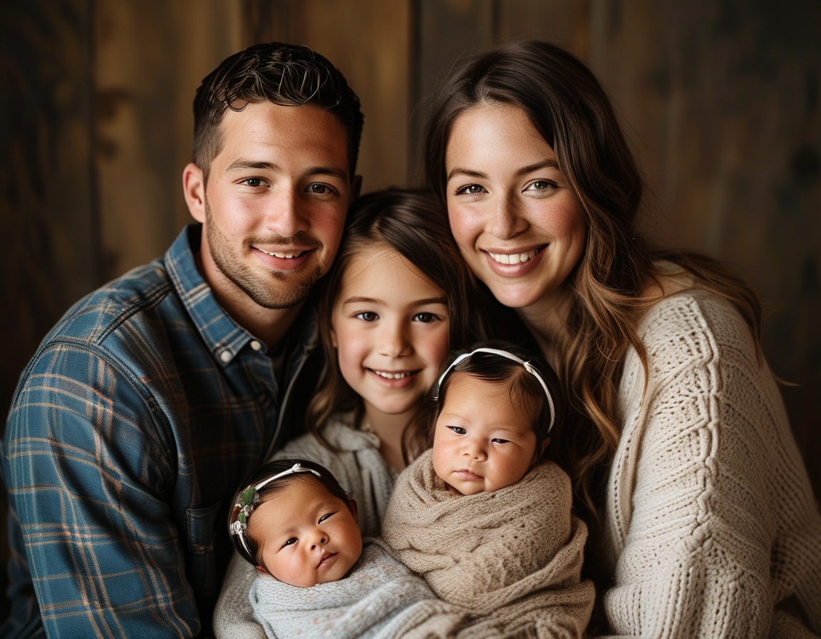 A joyful family portrait featuring Patrick Mahomes, Brittany Mahomes, and their three children, including their newborn daughter Golden Raye, surrounded by love and happiness.