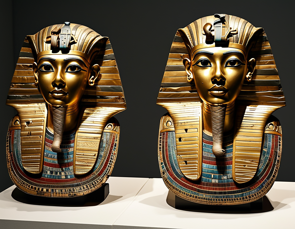 An image showcasing the golden masks of Yuya and Thuya resting atop their mummies, highlighting the intricate craftsmanship and historical significance of these artifacts.