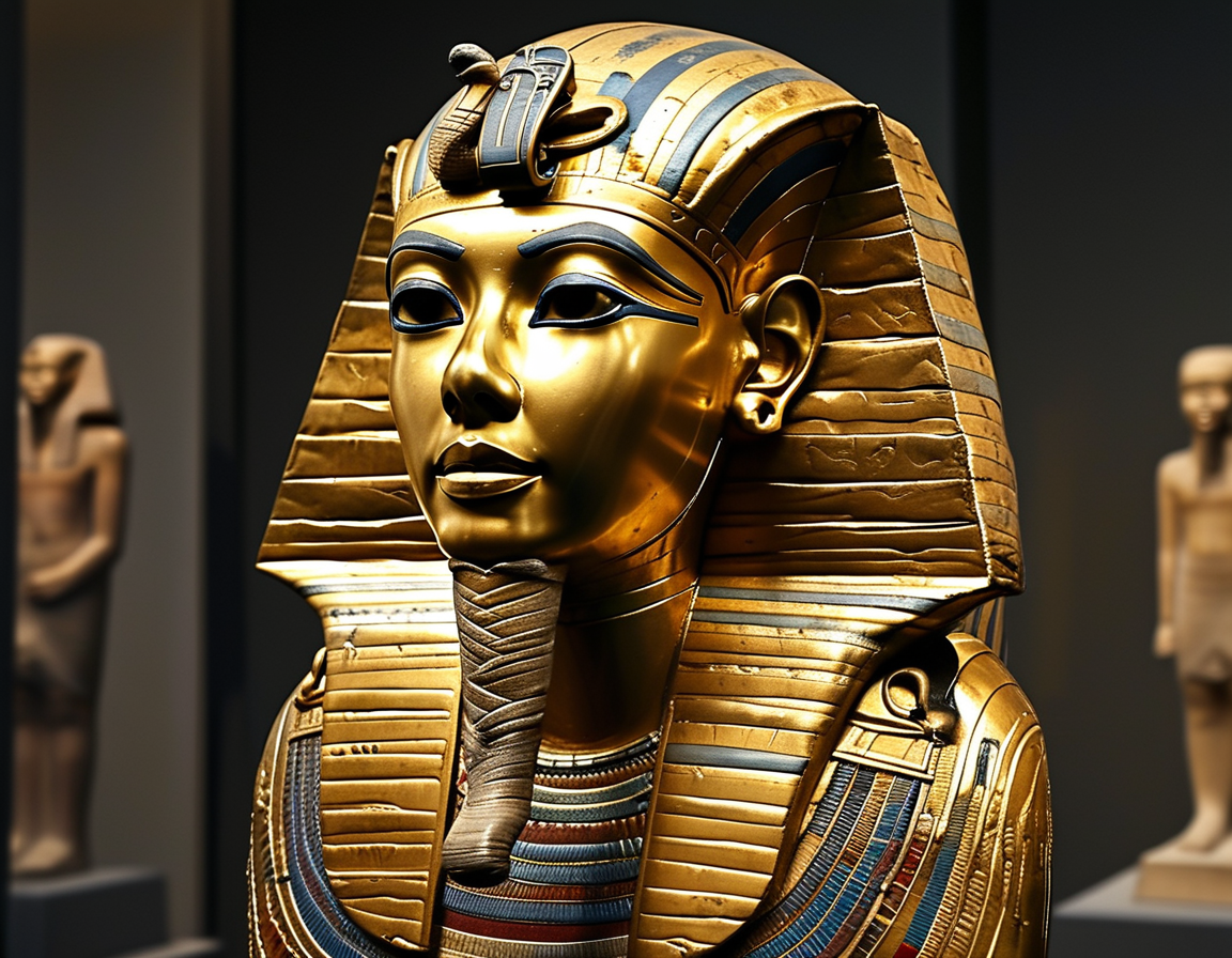 An artistic representation of archaeologist Quibell uncovering the tomb, surrounded by the rich hues of ancient Egyptian artifacts and symbols of heritage.