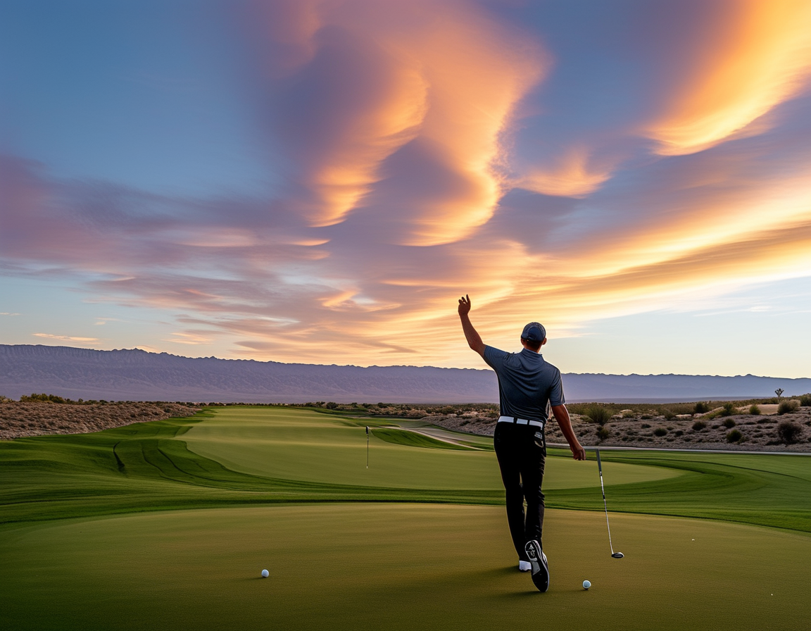 J.T. Poston celebrating on the course after making a birdie, with the beautiful desert landscape of La Quinta in the background, capturing the essence of the tournament's excitement.
