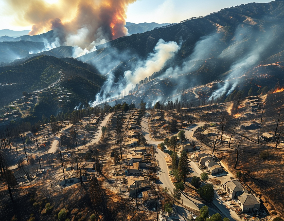 Firefighters surveying a blackened landscape in Los Angeles, examining hazardous waste amidst the charred remains of structures, symbolizing their ongoing battle against the fires.