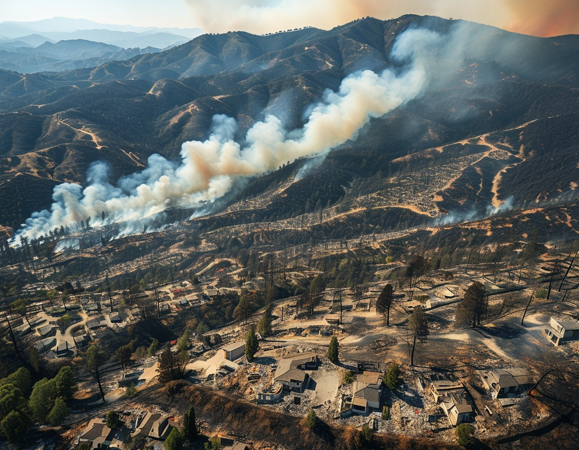 Families standing together in front of destroyed homes, a mix of hope and despair in their expressions, showcasing the emotional toll and resilience of the Los Angeles community post-wildfires.