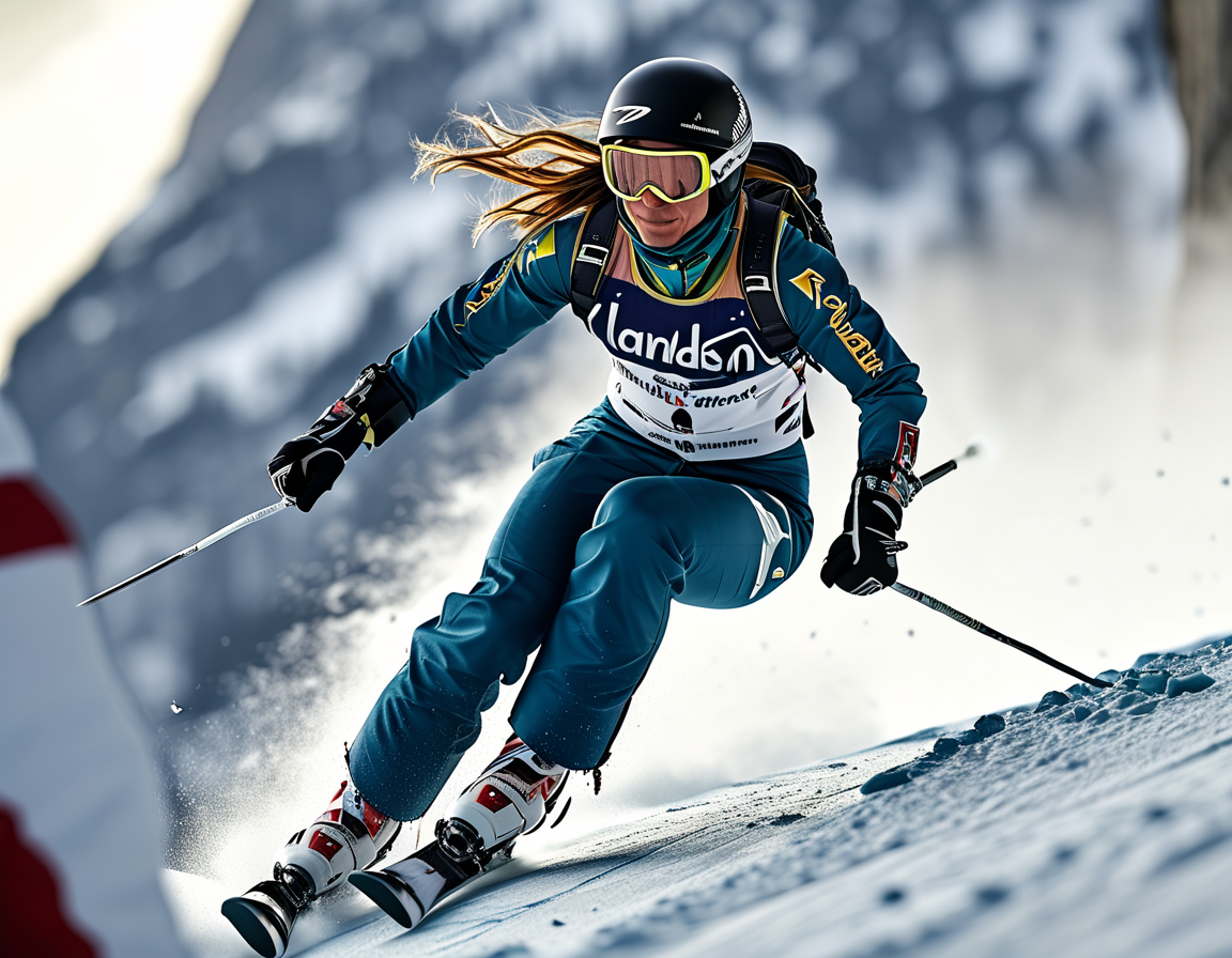 Lindsey Vonn training on the slopes in Cortina d’Ampezzo, showcasing her skill while navigating a challenging course. The image captures her dynamic movement and determination.
