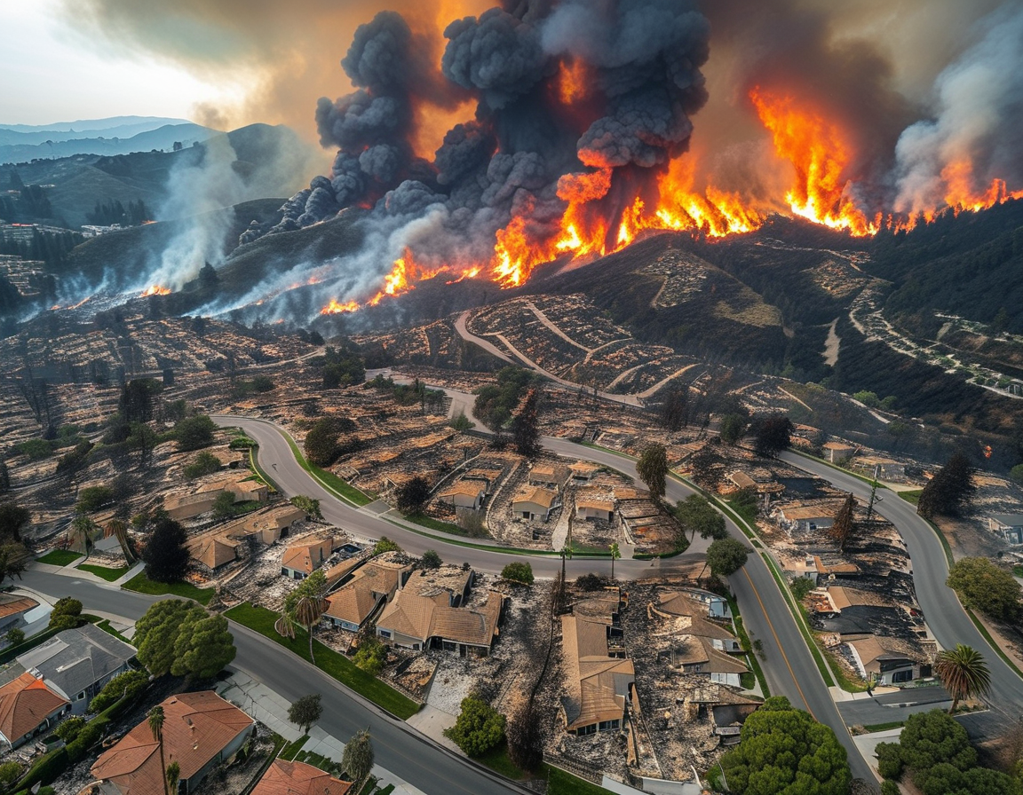 Aerial view of wildfire devastation in Los Angeles, with burnt trees and homes, showcasing the impact of the fires on communities.