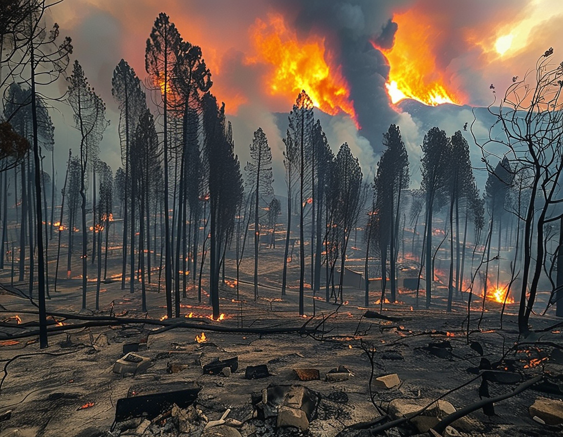 An emotional scene showing the aftermath of a wildfire in Los Angeles, with charred landscapes and a somber community coming together to support each other against the backdrop of smoky skies.