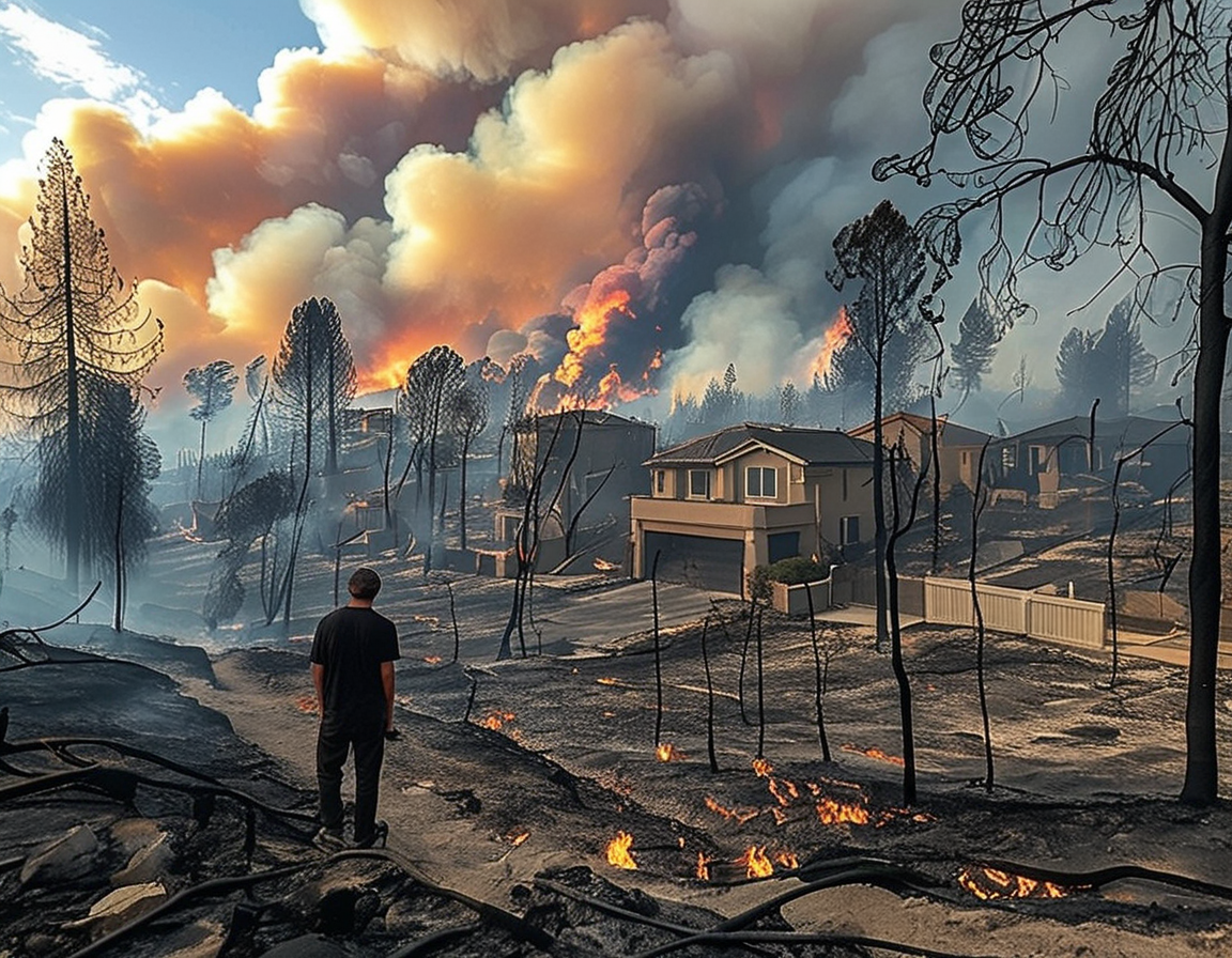 A collage of social media posts from celebrities, intertwined with images of the devastation caused by the LA fires, highlighting the contrast between self-promotion and community needs.