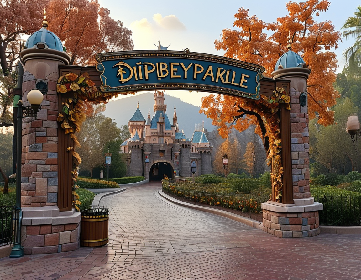 An image depicts the entrance of Disneyland with visible signs of support for wildfire displaced workers, showcasing a mix of the park's iconic architecture and heartfelt messages of hope for affected employees.