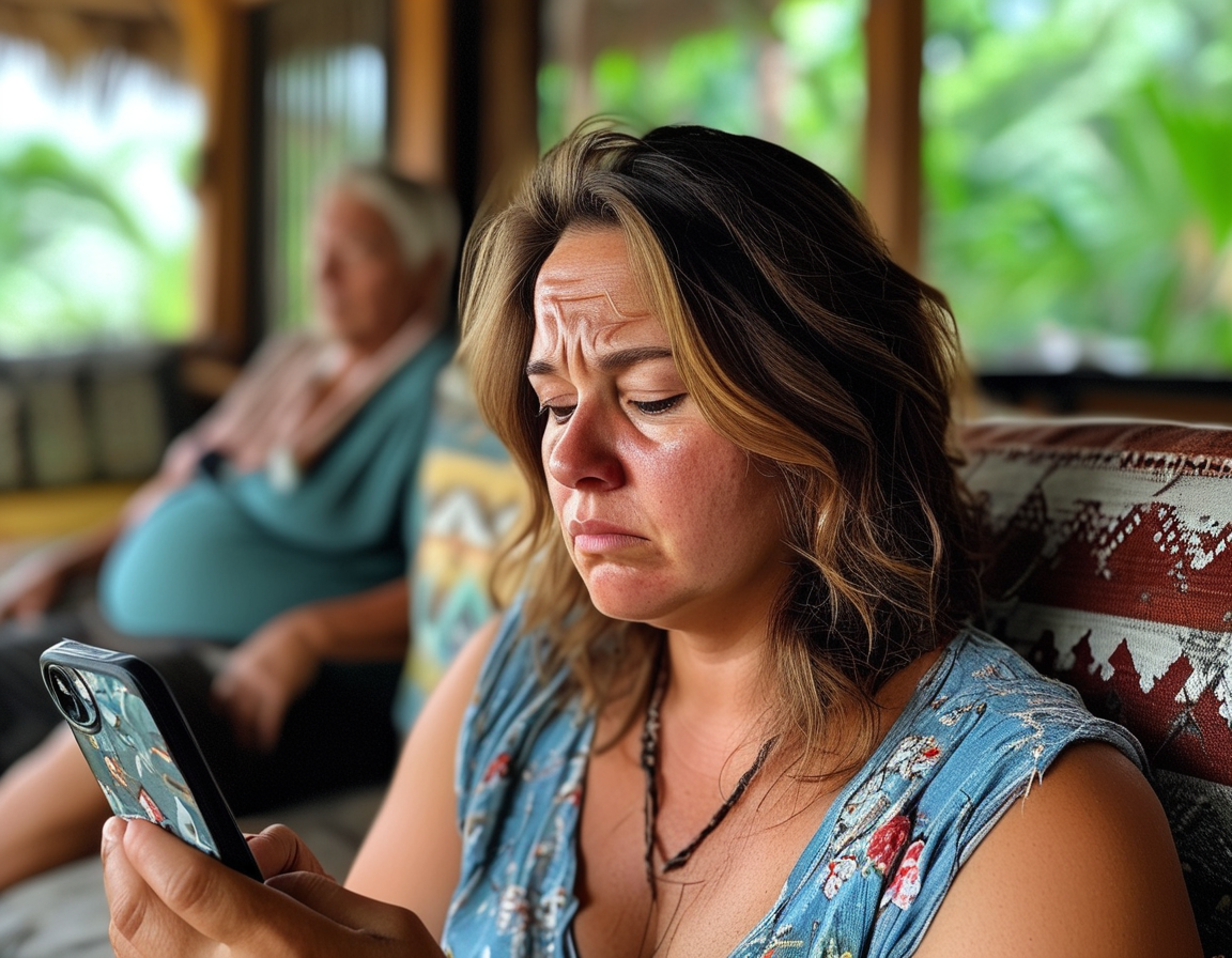 A frustrated woman looking at an Instagram post on her phone, revealing her family's vacation plans without her. She feels hurt and excluded.