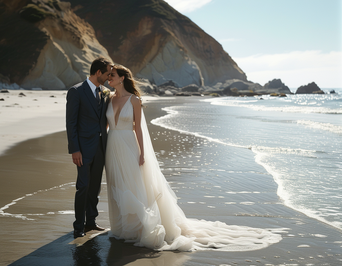 A serene beach setting in Big Sur, California, where Anne Hathaway and Adam Shulman got married, embodying their romantic and private love story.