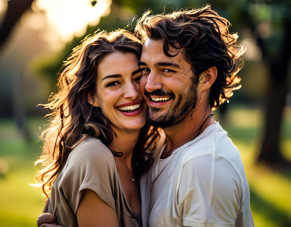 An intimate moment of Anne Hathaway and Adam Shulman smiling joyfully together in a park, symbolizing their love and deep connection as a couple.