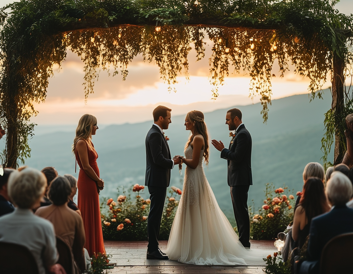 A heartfelt scene from Lauren and Cameron's wedding day, showcasing their love as they exchange vows, surrounded by friends and family in a picturesque setting.