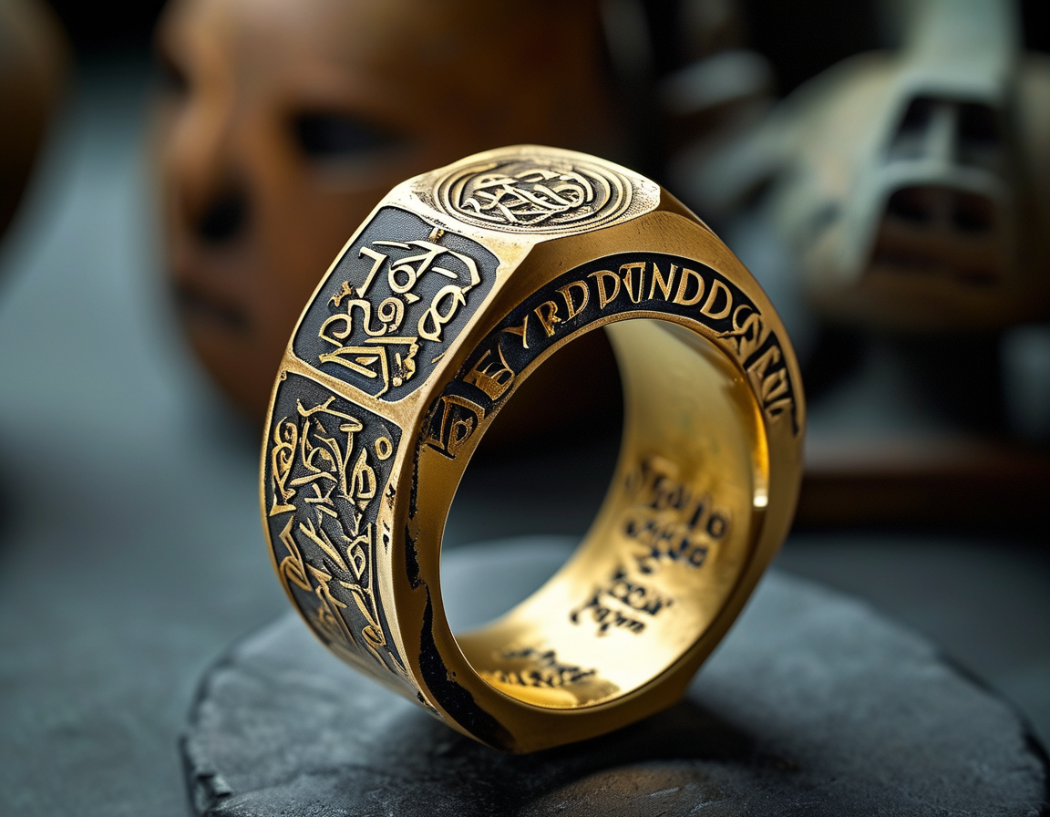 A close-up view of the Drayton ring showcasing its intricate design, golden surface, and the mysterious Lombardic inscription, set against a background of ancient artifacts.