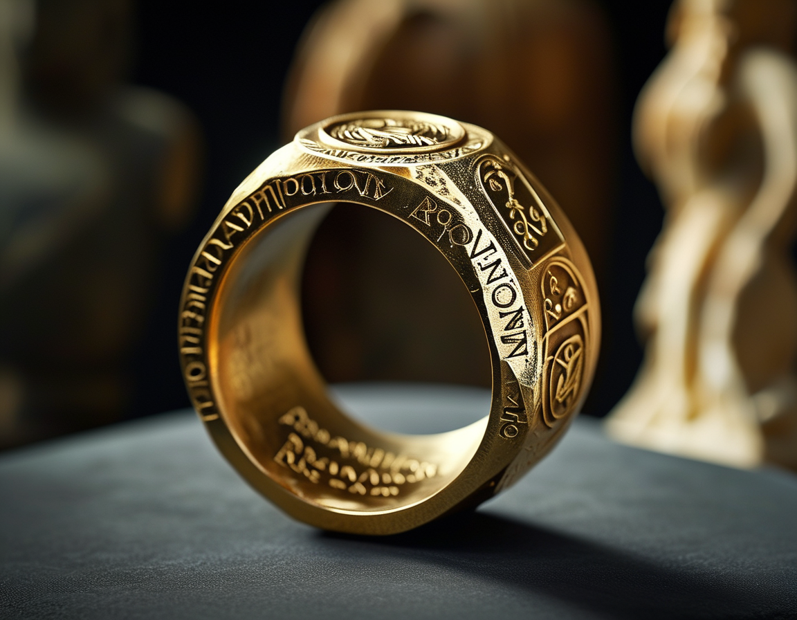 An assortment of ancient treasures including the Drayton ring, a posy ring, and a Bronze Age sword, all displayed on a rustic wooden table, highlighting their historical significance.