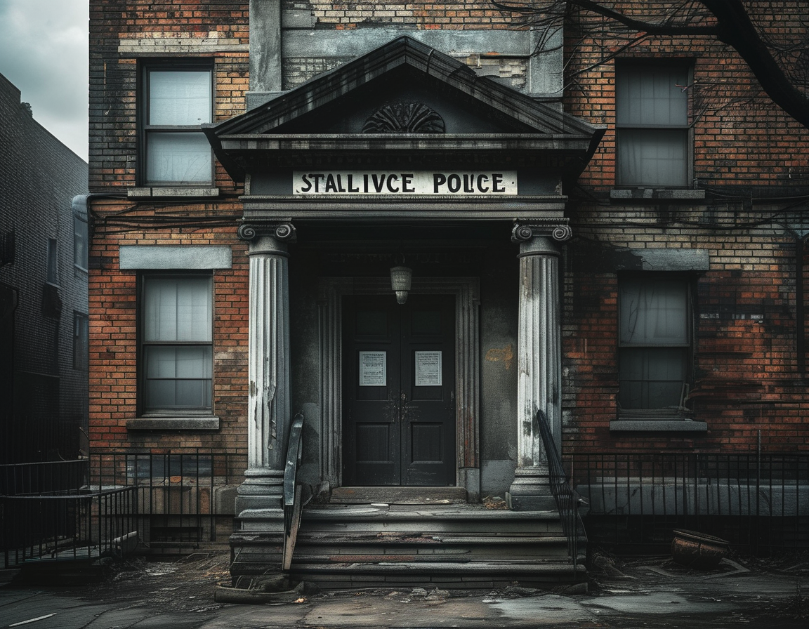 A dark, somber police station exterior, reflecting the gravity of a murder confession and the emotional weight of unresolved cases in Baltimore's community.