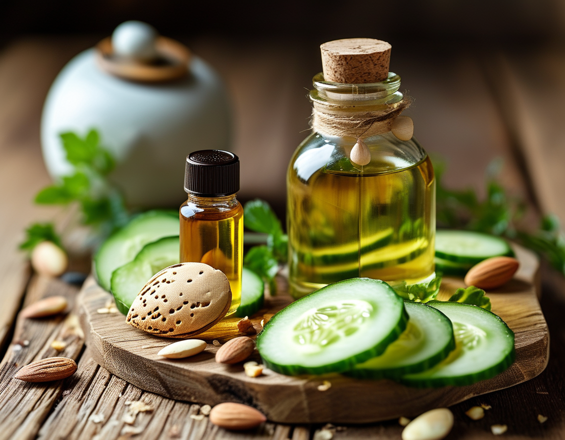 An arrangement of natural ingredients such as sliced cucumber, tea bags, and a small bottle of almond oil on a wooden table, suggesting beauty treatments for dark circles.