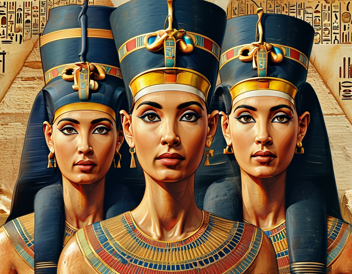 An ancient Egyptian landscape featuring the iconic pyramids and the Sphinx, with silhouettes of female pharaohs standing strong against a golden sunset, symbolizing their enduring legacies.