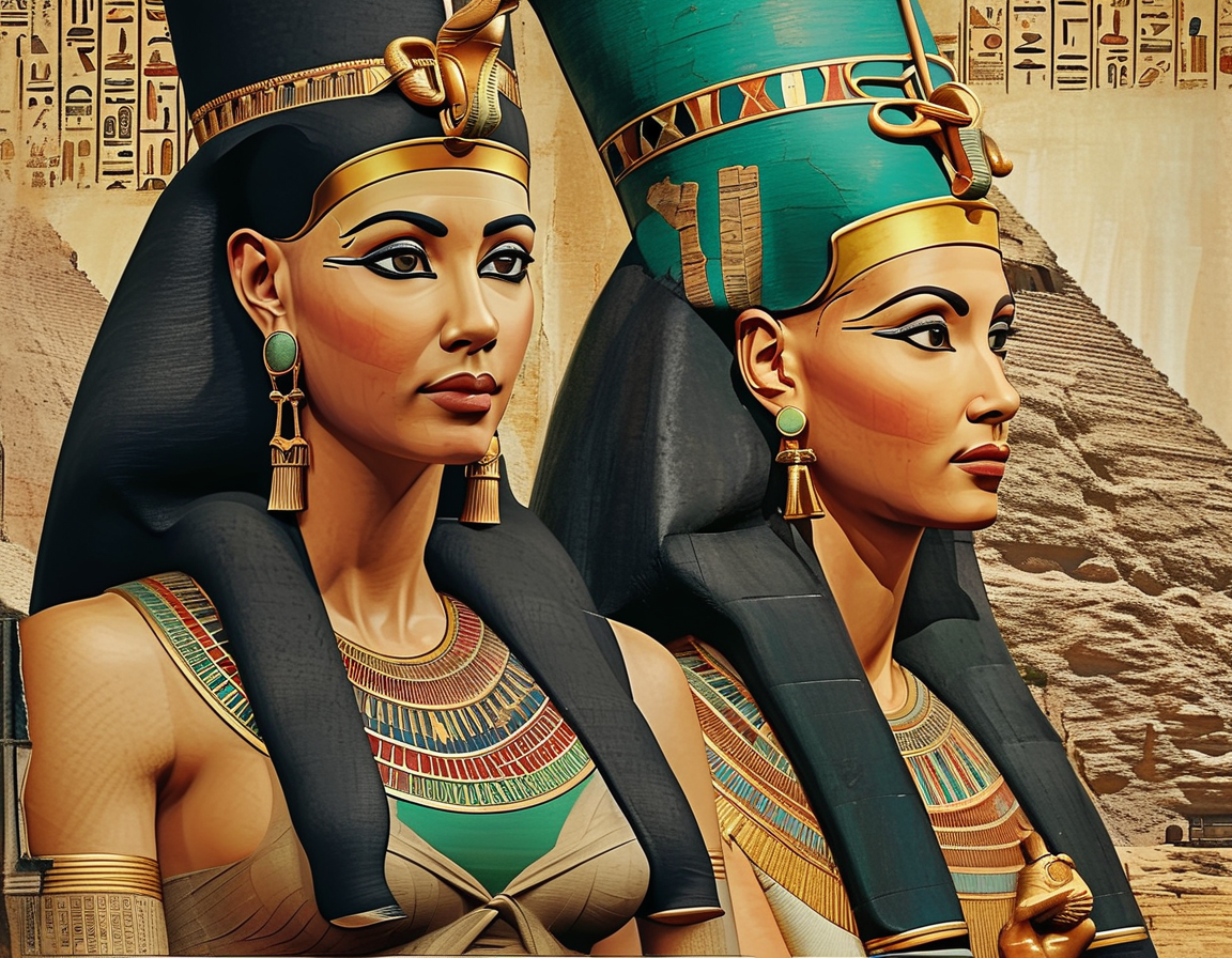 A vintage-style map of Ancient Egypt highlighted with key locations of the female pharaohs’ reigns, showing their geographical influence and the regions they ruled over.