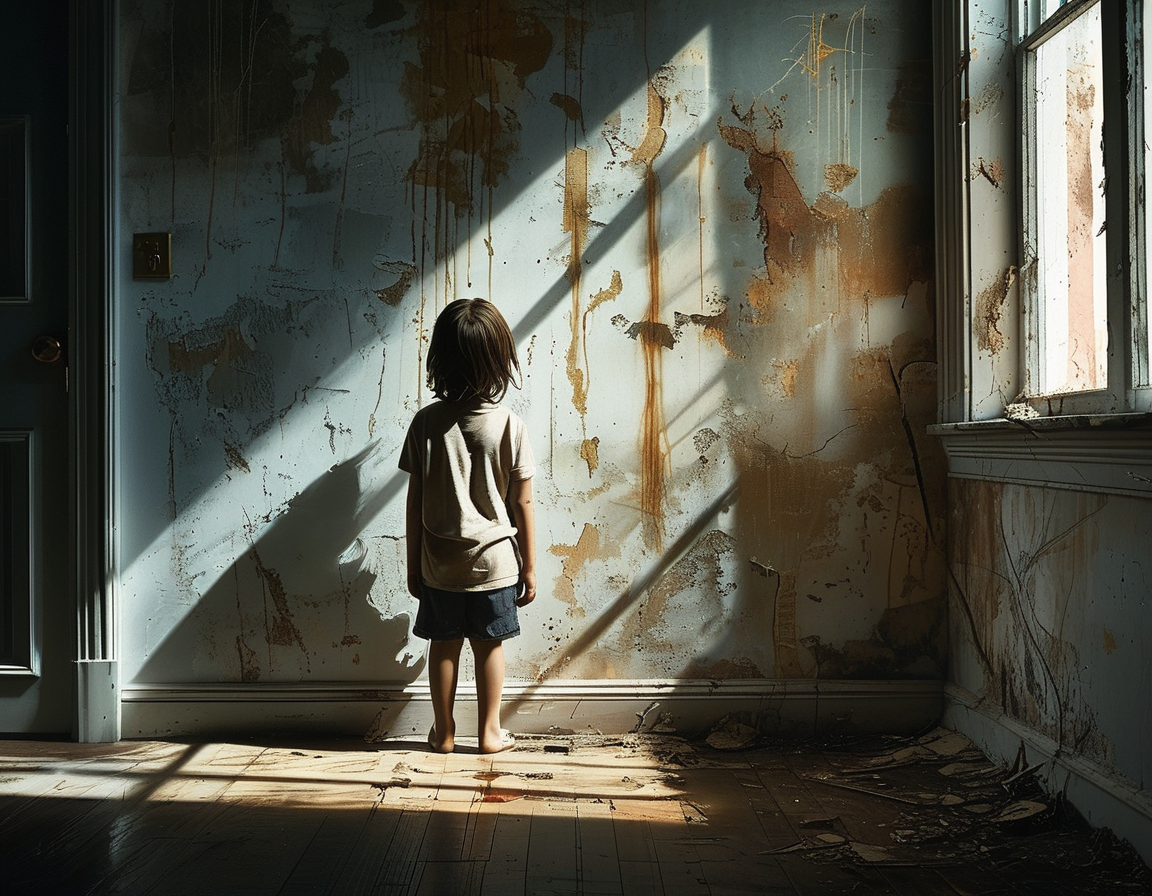 A darkened room evoking feelings of fear and neglect, with shadows cast on the walls, symbolizing the hidden struggles and trauma faced by children in abusive adoption situations.