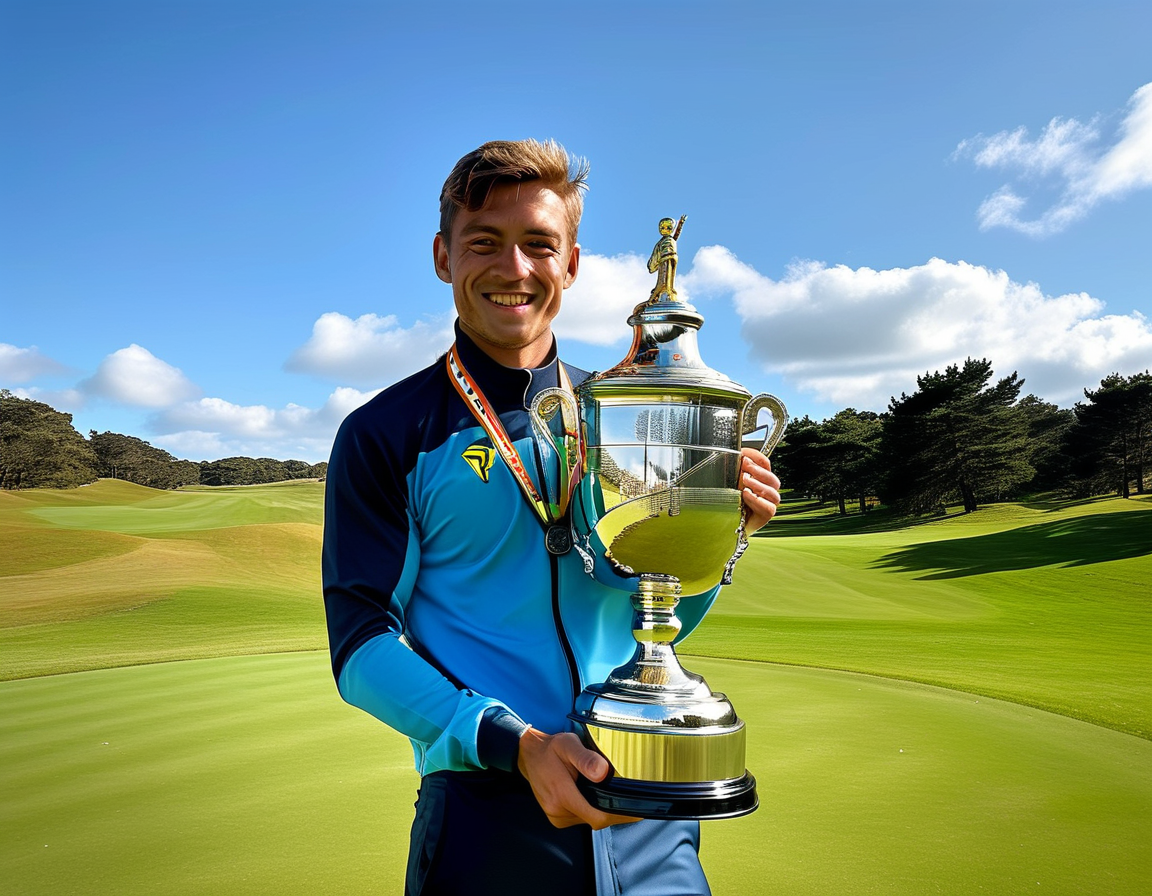 Sepp Straka stands on the 18th green, smiling as he holds the winner's trophy, with the Pete Dye Stadium Course in the background under bright blue skies.