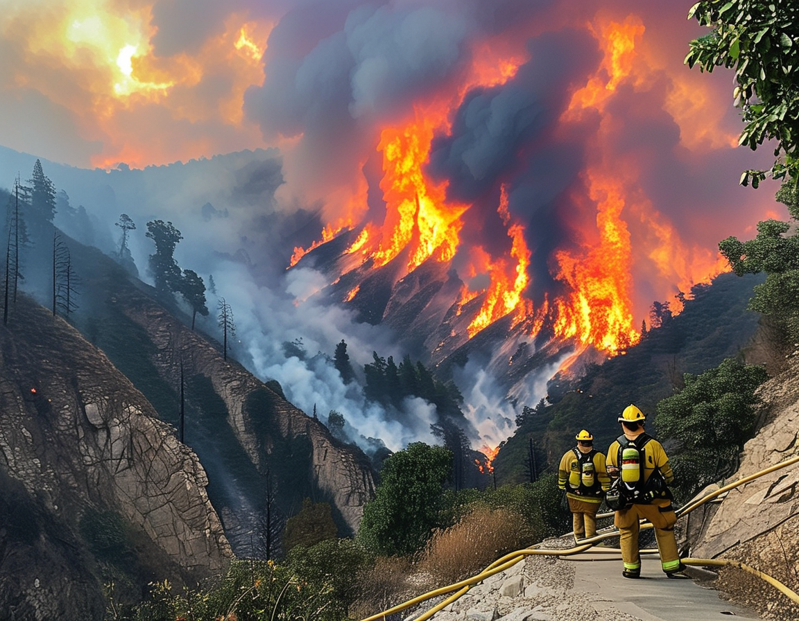 Firefighters working to contain the Eaton Fire, with towering flames and smoke rising amidst steep canyon terrain, illustrating the urgent battle against wildfires in Southern California.