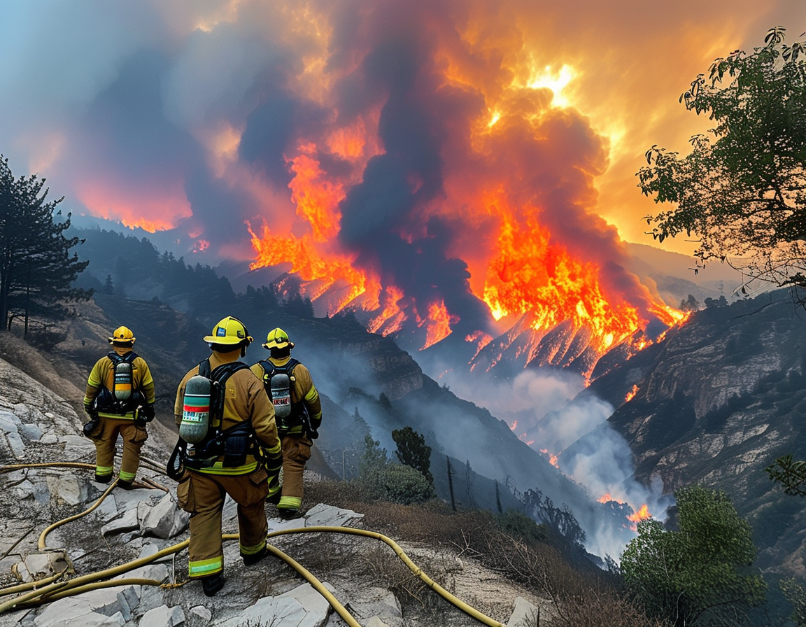 A panoramic view of Southern California's landscape, showcasing charred remains of homes and wildlife areas ravaged by the Palisades Fire, highlighting the destructive power of wildfires.