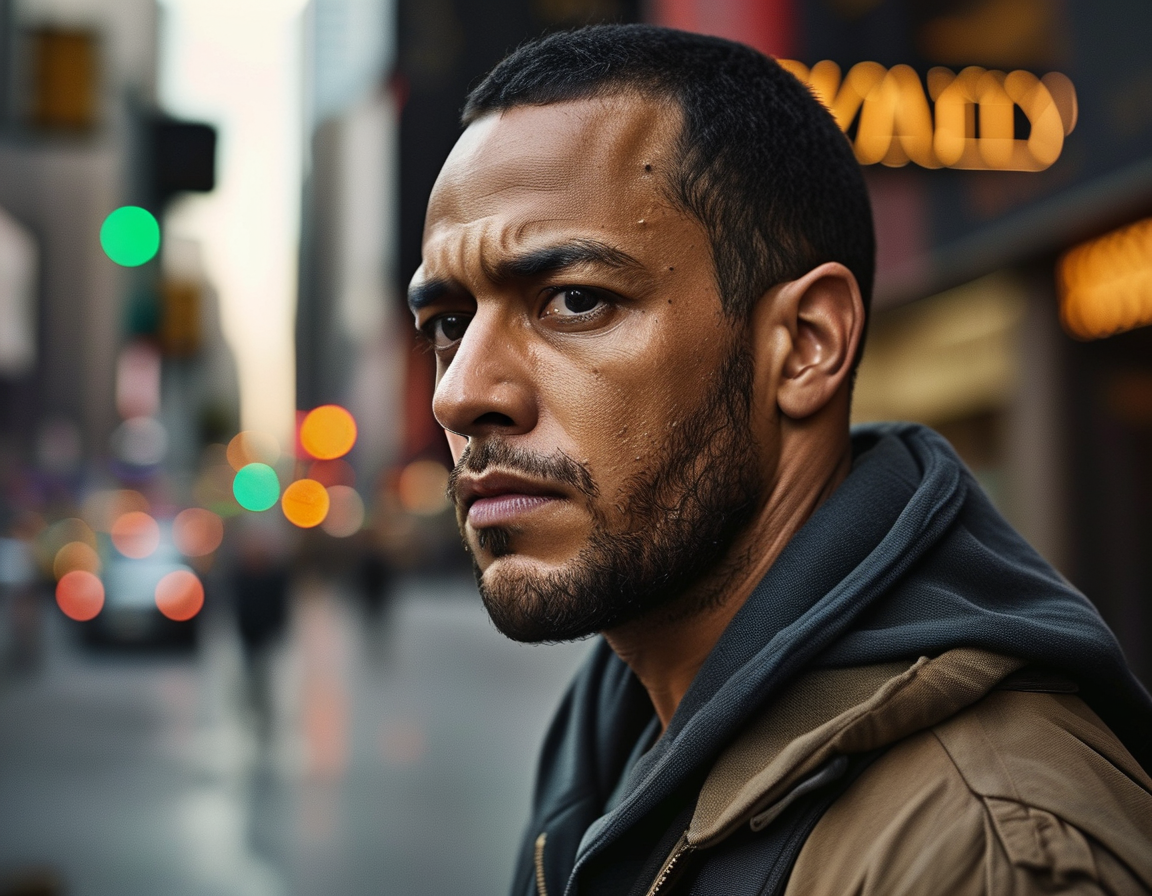 An image of Rami Malek reflecting thoughtfully, with a backdrop of Hollywood, symbolizing his journey through identity and racial profiling experiences. He appears contemplative, embodying resilience in the face of adversity.